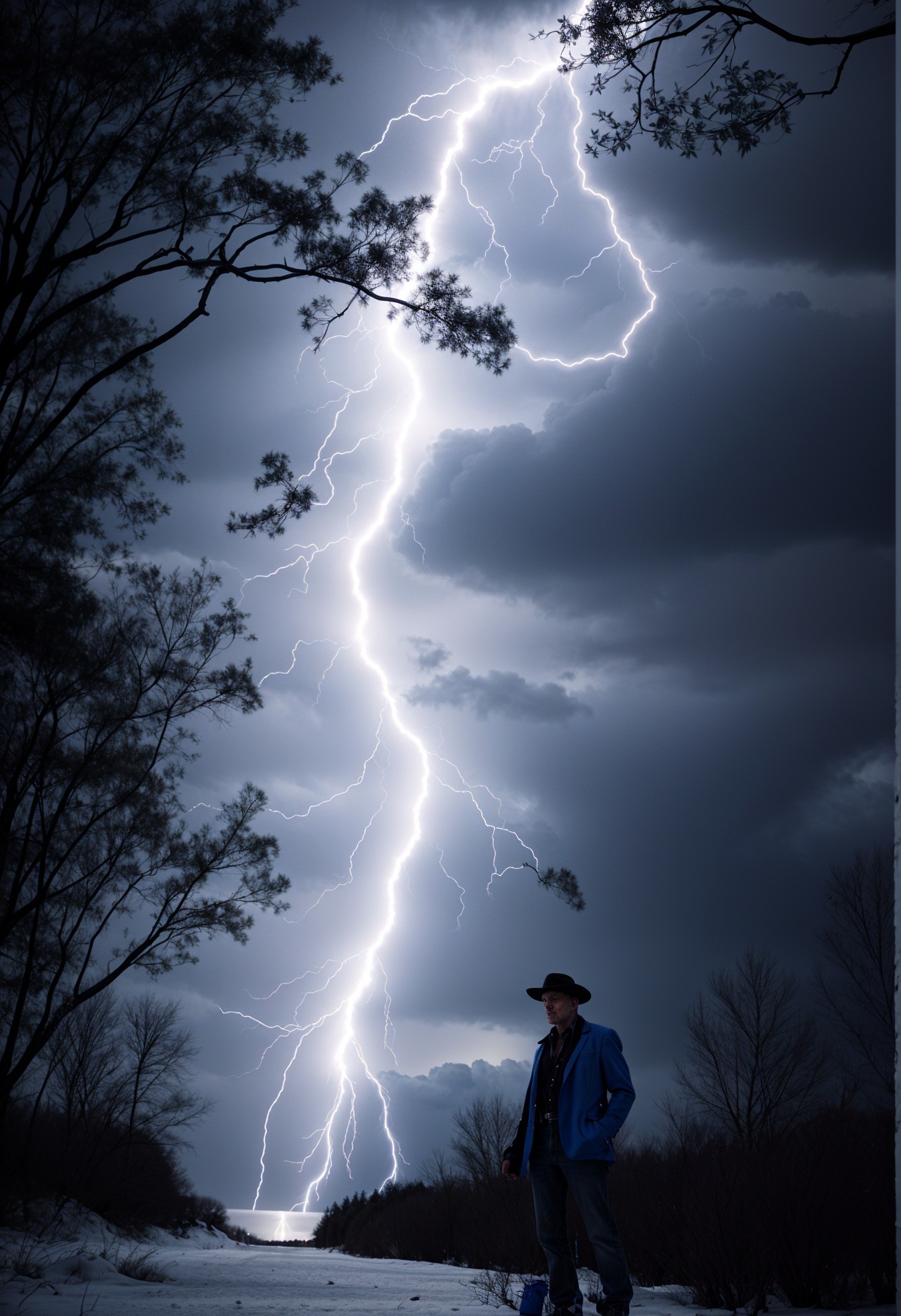 Lone Figure in Stormy Landscape with Lightning Bolt
