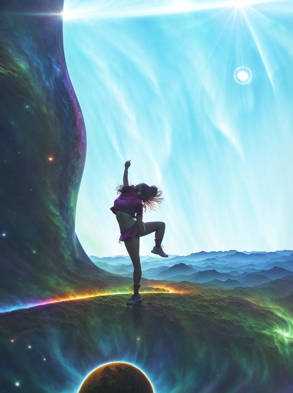Person dancing on otherworldly terrain with cosmic bodies and nebulas.