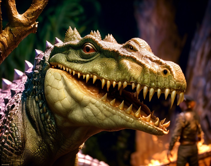 Realistic model crocodiles with open jaws on display.