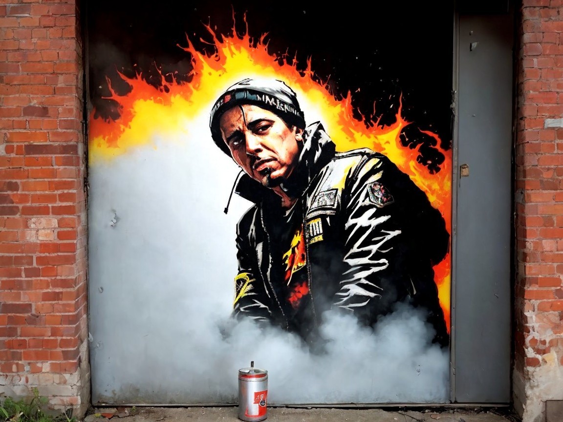 Mural of a serious man in leather jacket with flames