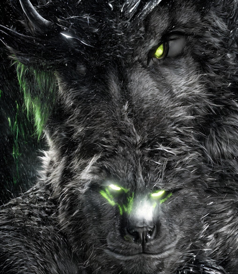 Black wolf with green eyes and markings in dim light