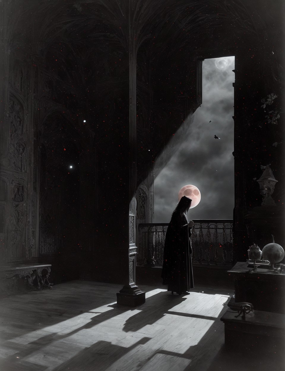 Person in dark robe holding glowing orb in ornate Gothic room with birds flying outside