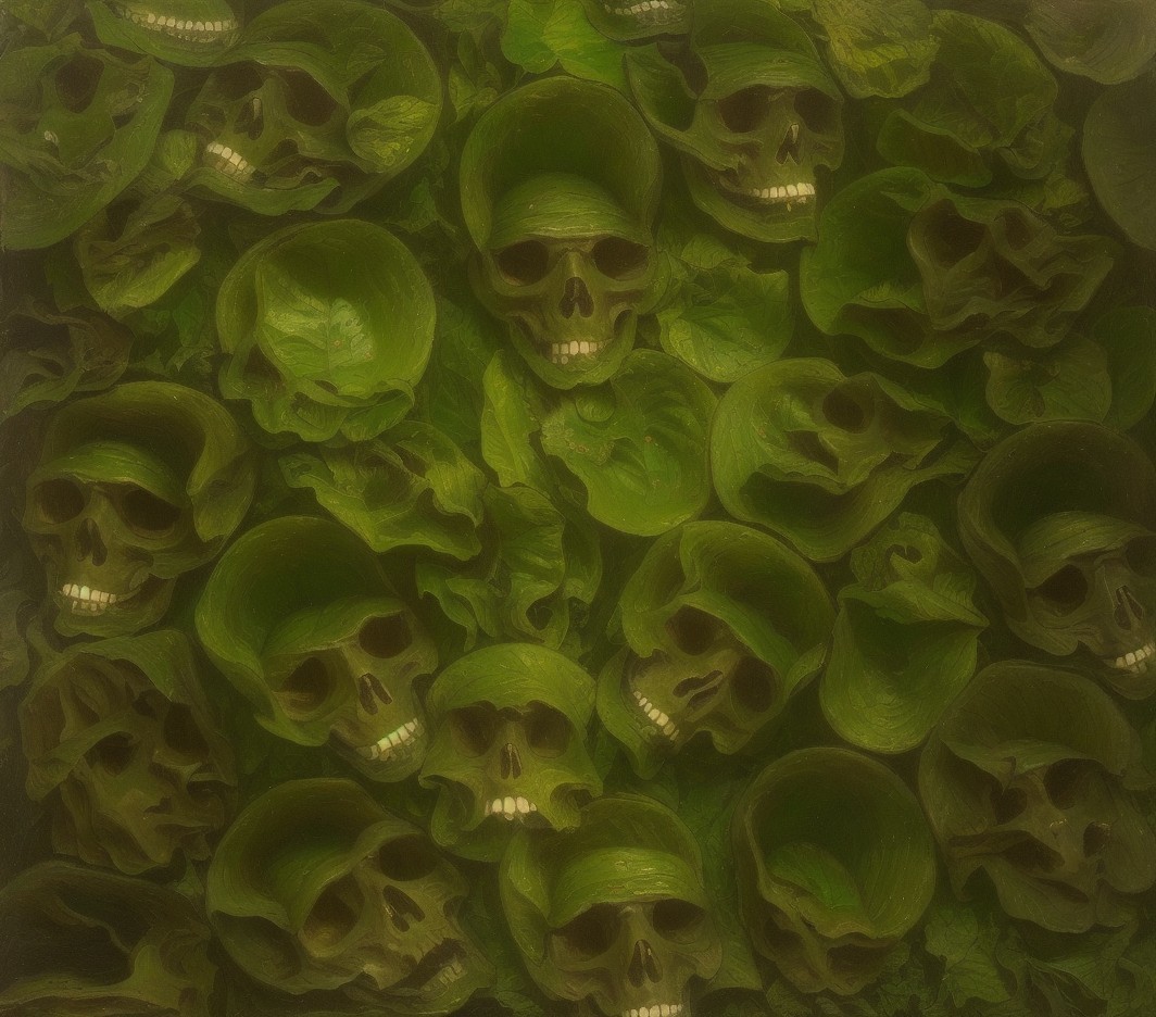 Human Skulls Camouflaged in Green Cabbage Leaves