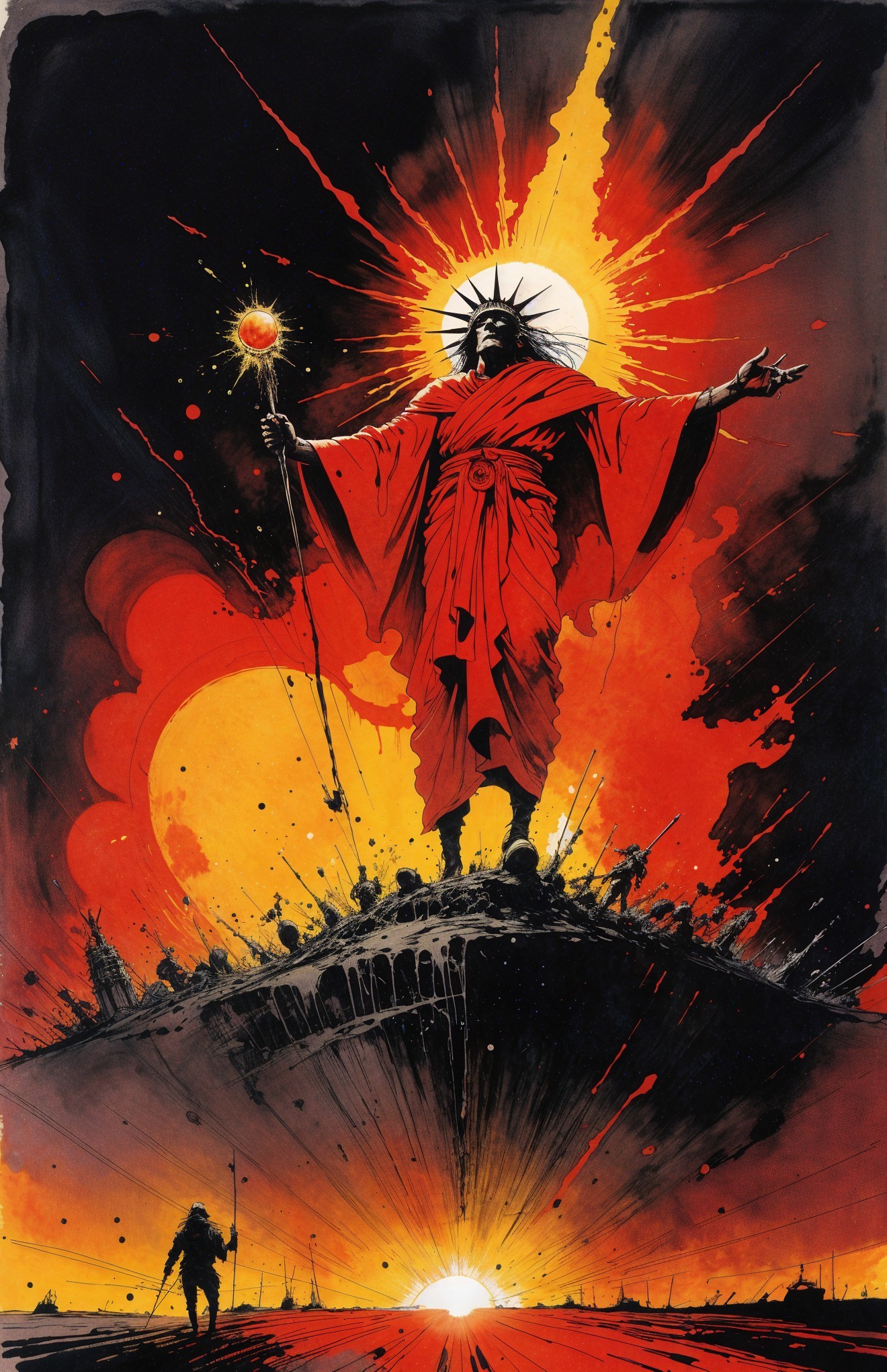 Grand figure in red robes atop a chaotic landscape