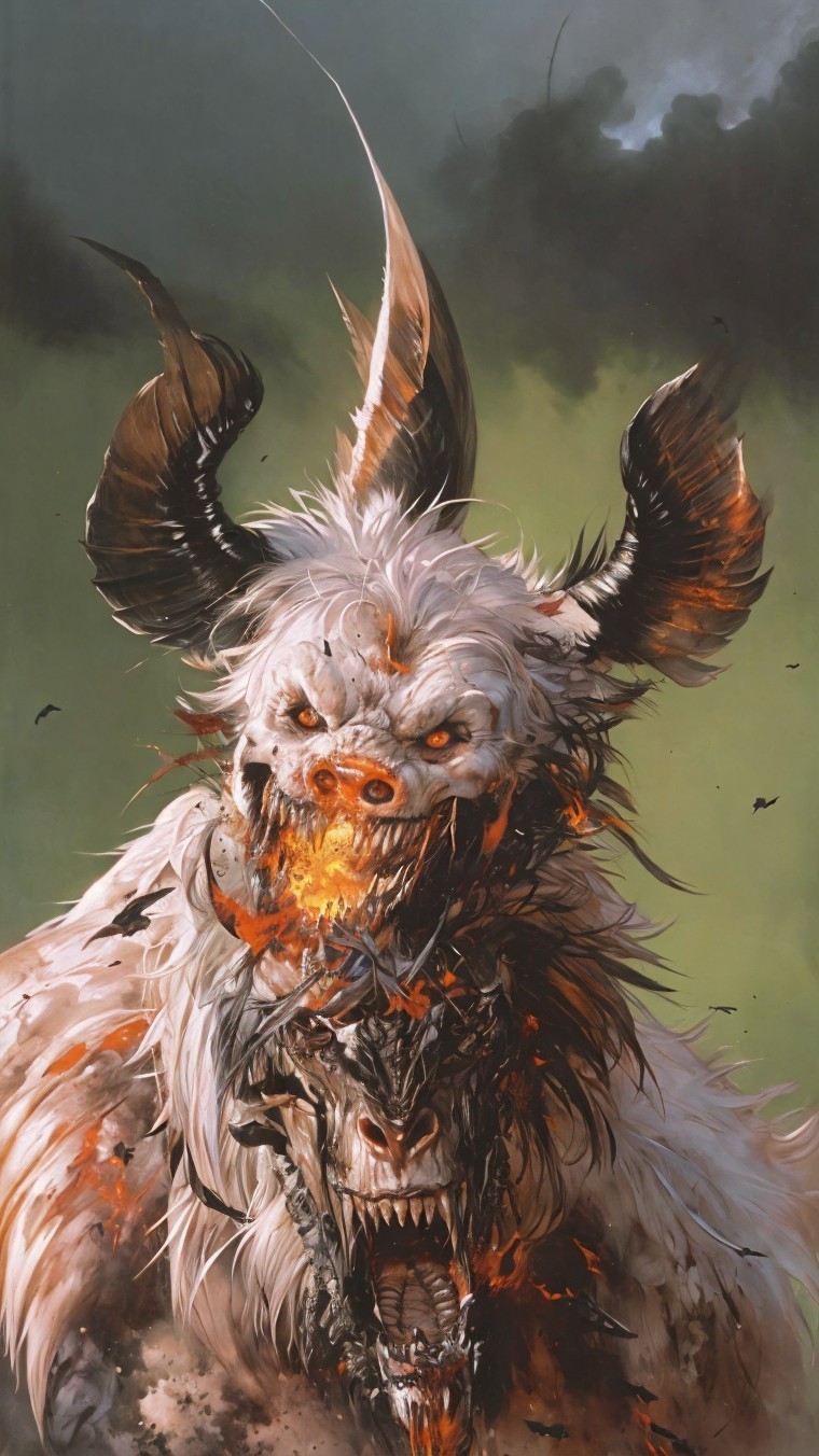 Dual-headed beast with dragon features and fiery elements