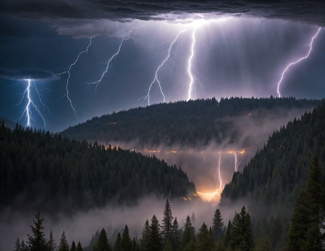 Night sky with multiple lightning strikes above misty pine forest