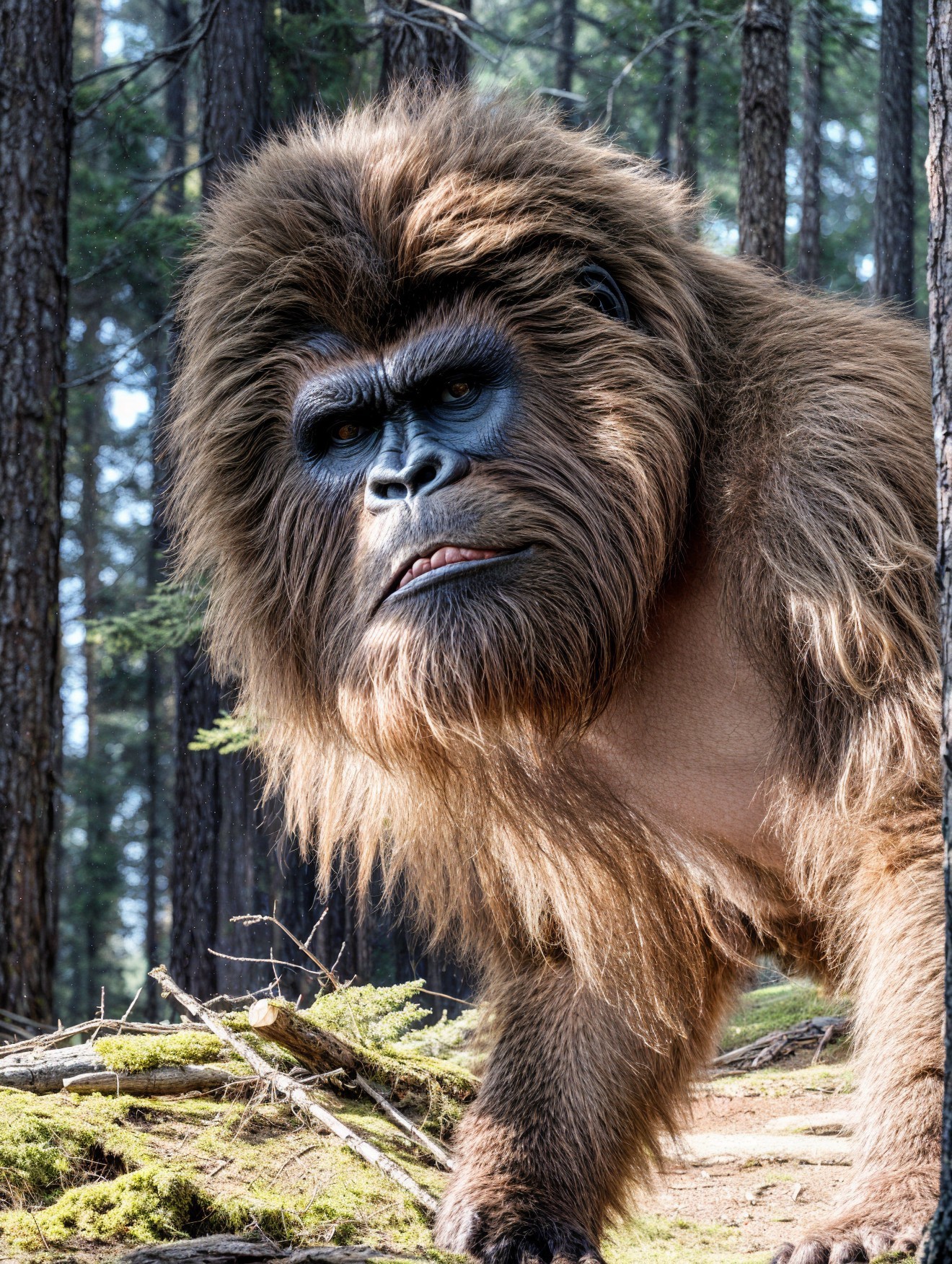 Anthropomorphic gorilla-like creature in forest setting