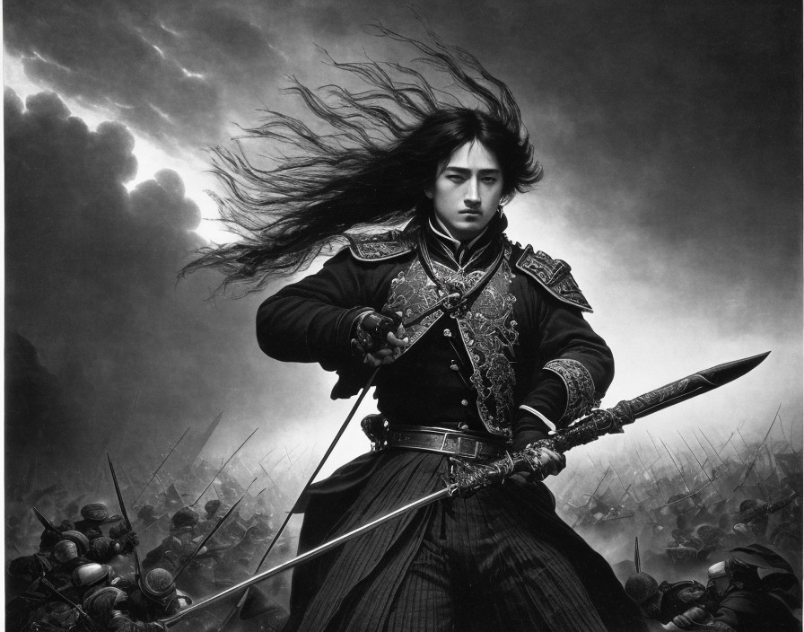 Monochrome warrior with sword in elaborate armor on battlefield