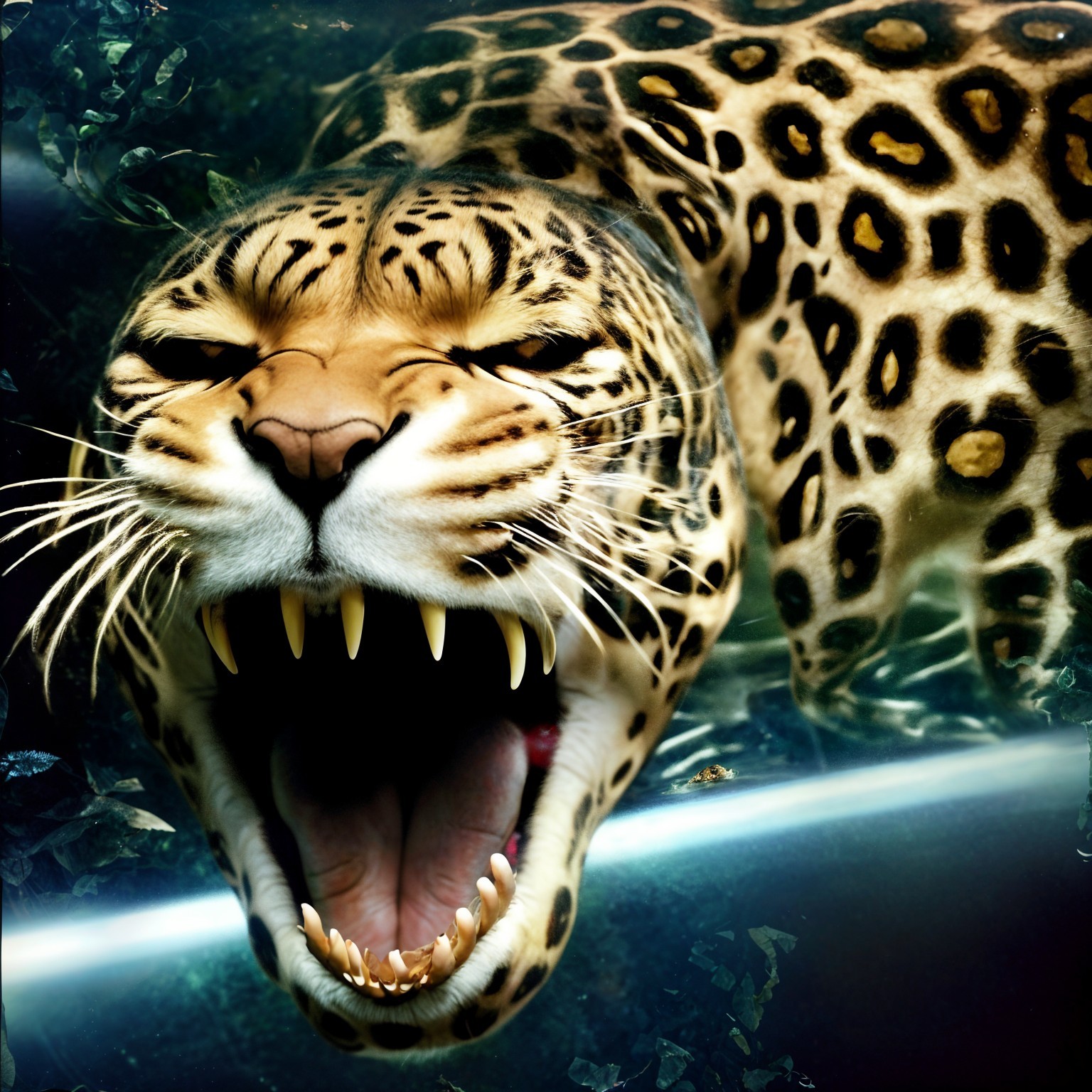 Leopard Roaring in Lush Jungle Environment