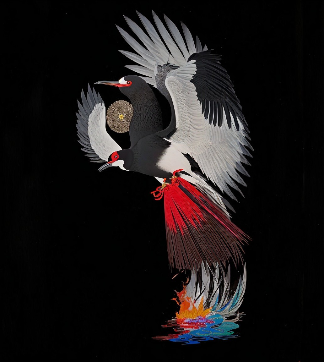 Stylized Cranes with Red and White Plumage on Black