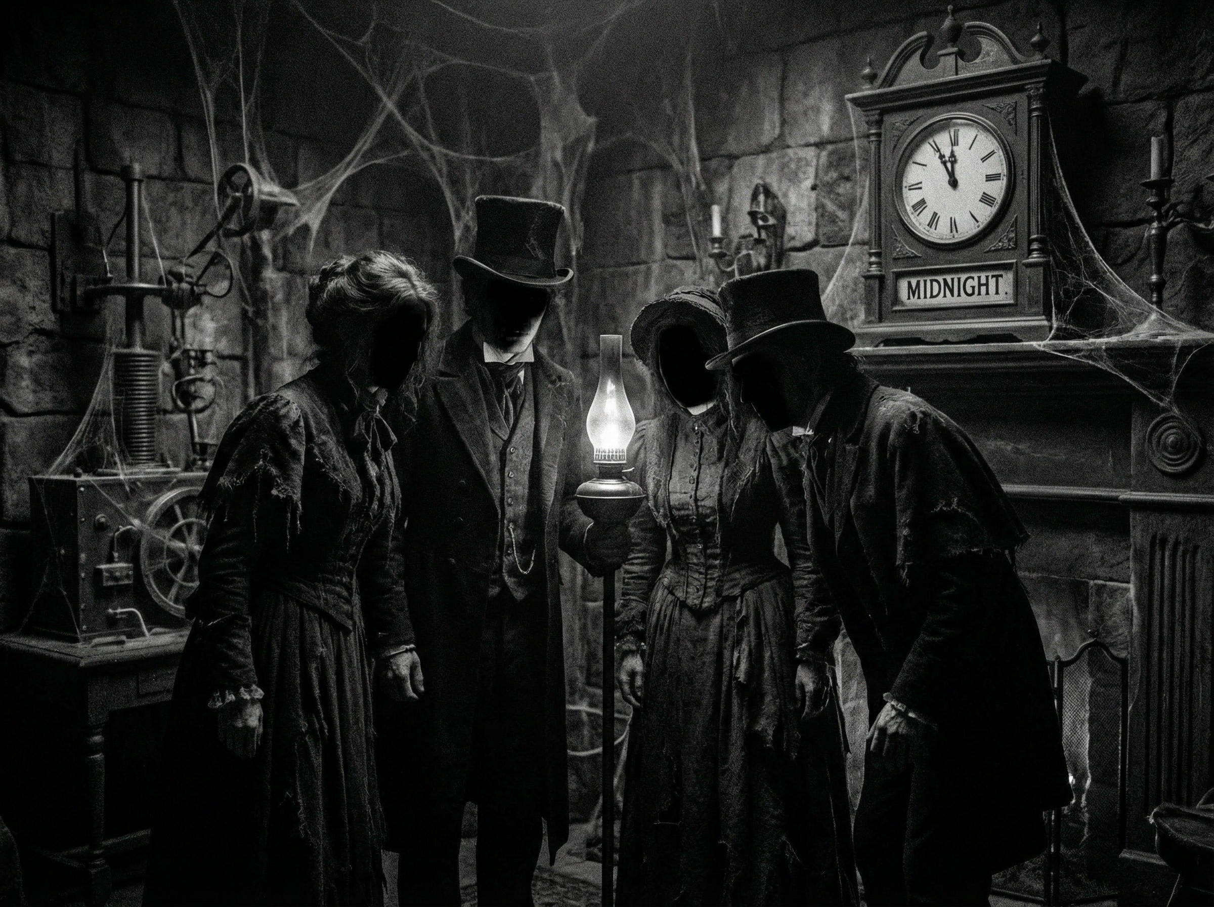 Faceless Figures in Victorian Attire in Dim Room