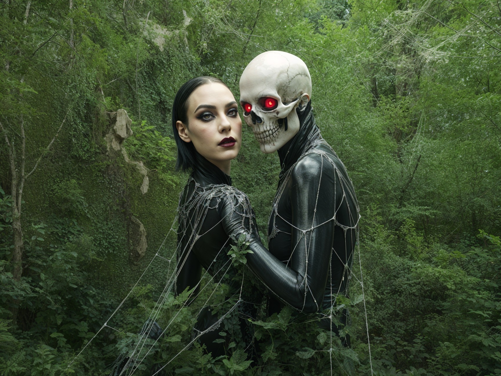 Woman in Black Outfit Embraces Skeletal Figure in Forest