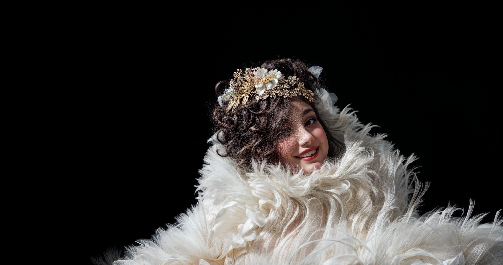Woman with Curly Hair in Feather Boa Against Black Background