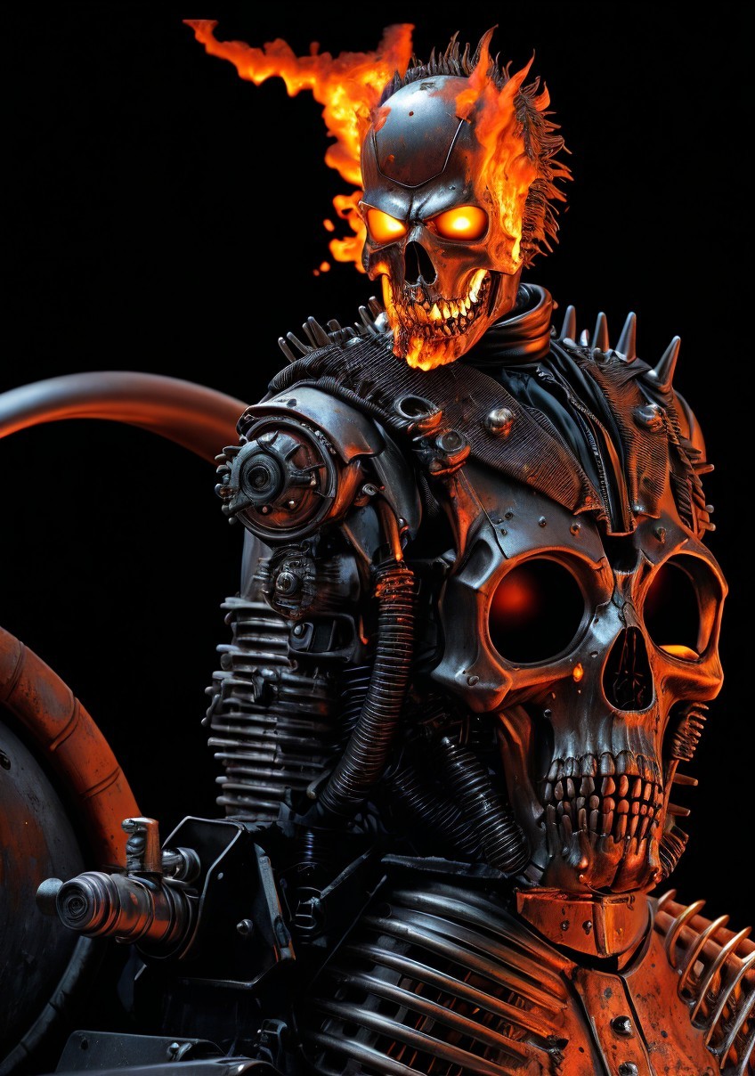 Robotic skeleton with flaming skull and mechanical parts on dark background