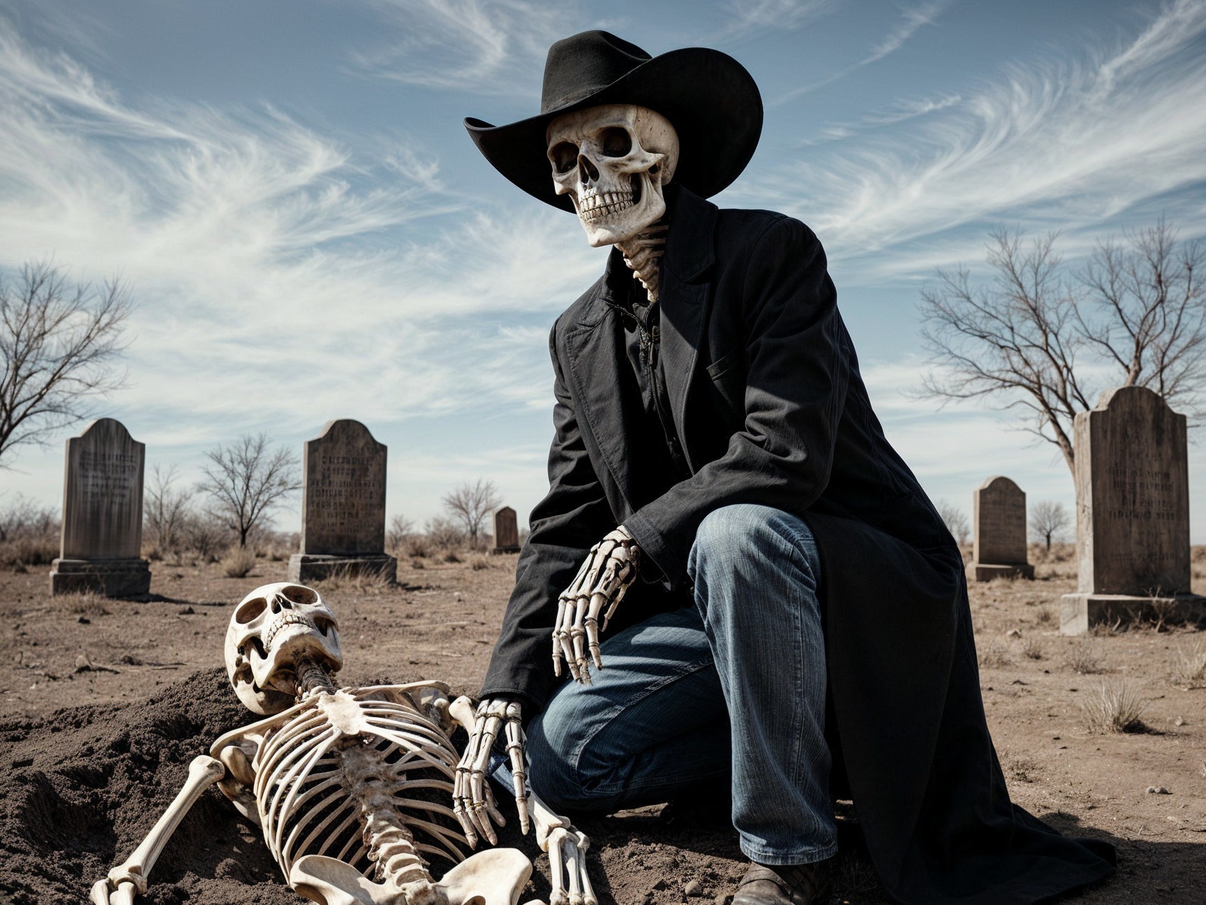 Skeletal Figures in a Macabre Western Graveyard Scene