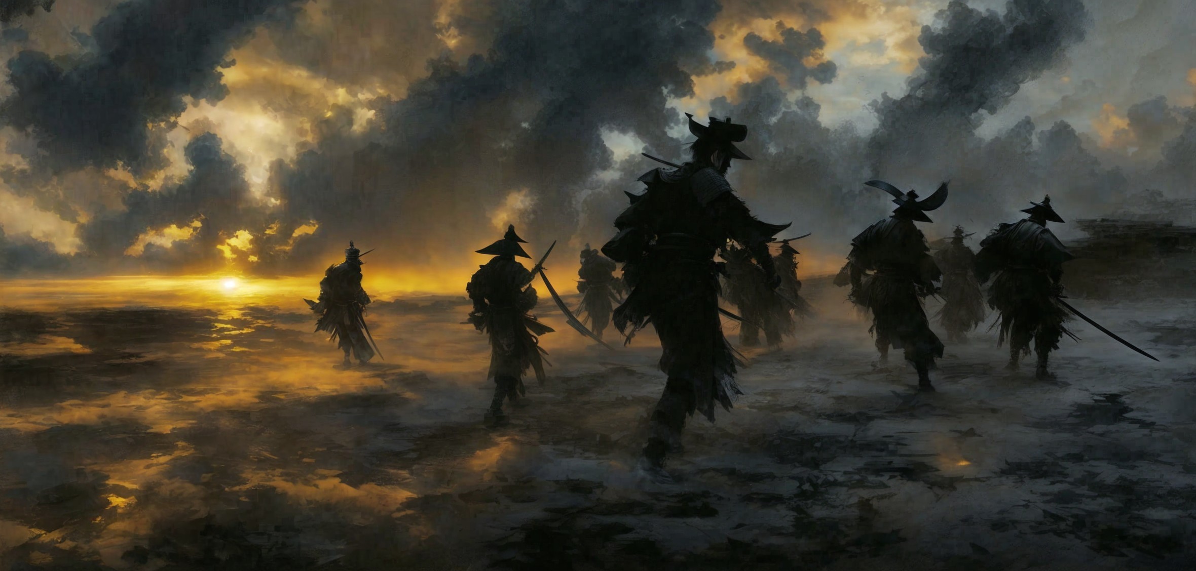 Silhouettes in Tattered Clothing at Twilight Landscape