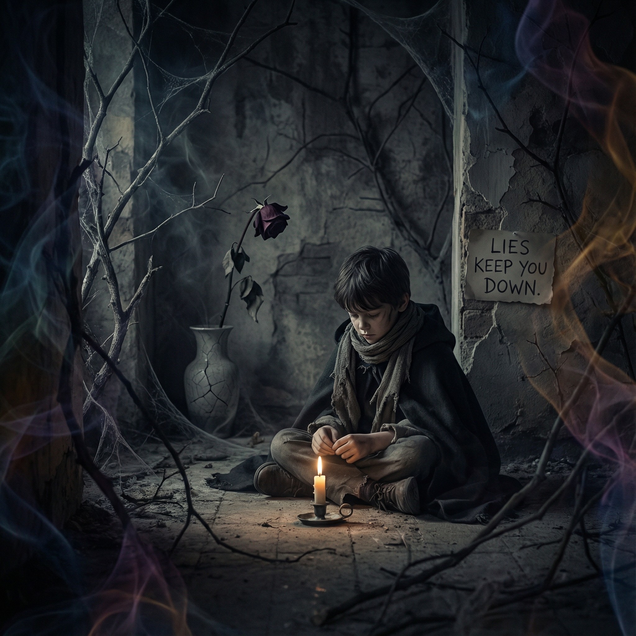 Young boy in rags sits in a dark, abandoned room