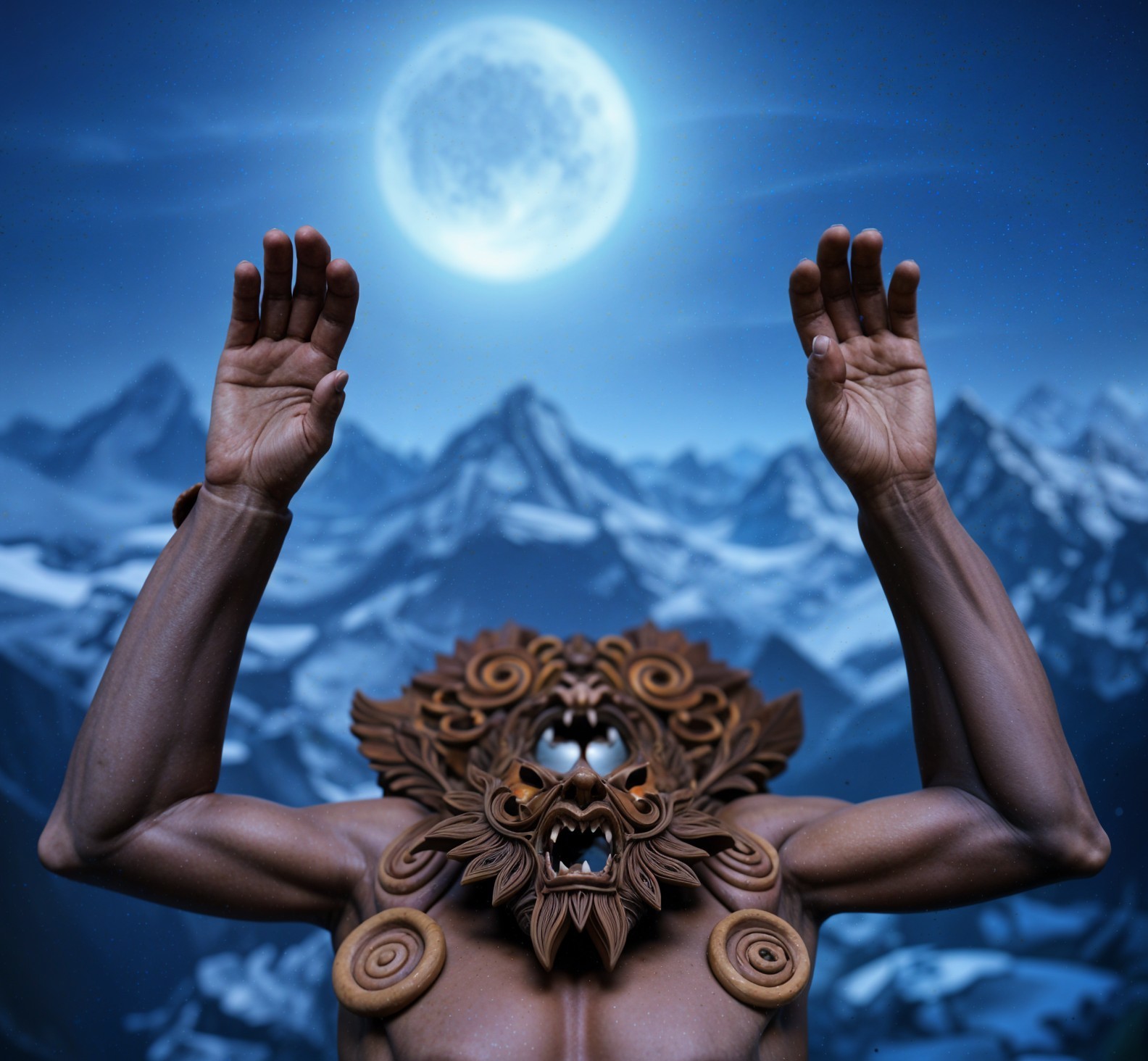 Muscular Figure with Lion Mask Against Moonlit Mountains