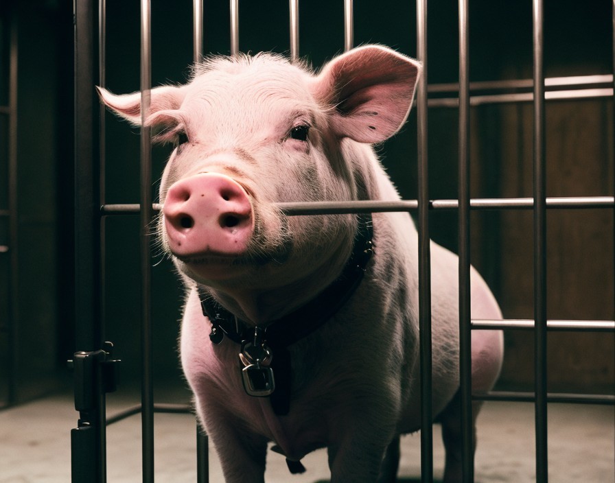 Curious domestic pig with collar in barred enclosure