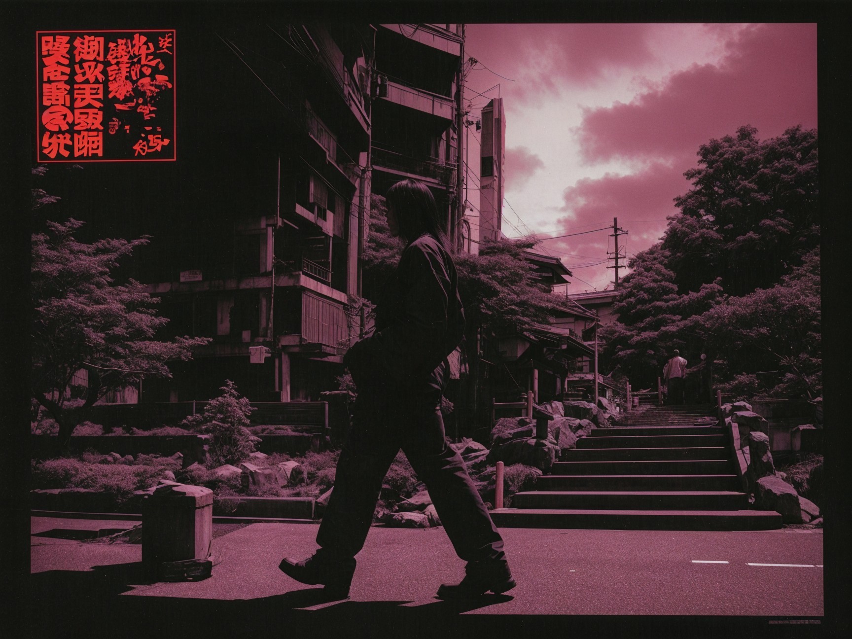 Lone Figure on Pathway Amidst Trees and Architecture