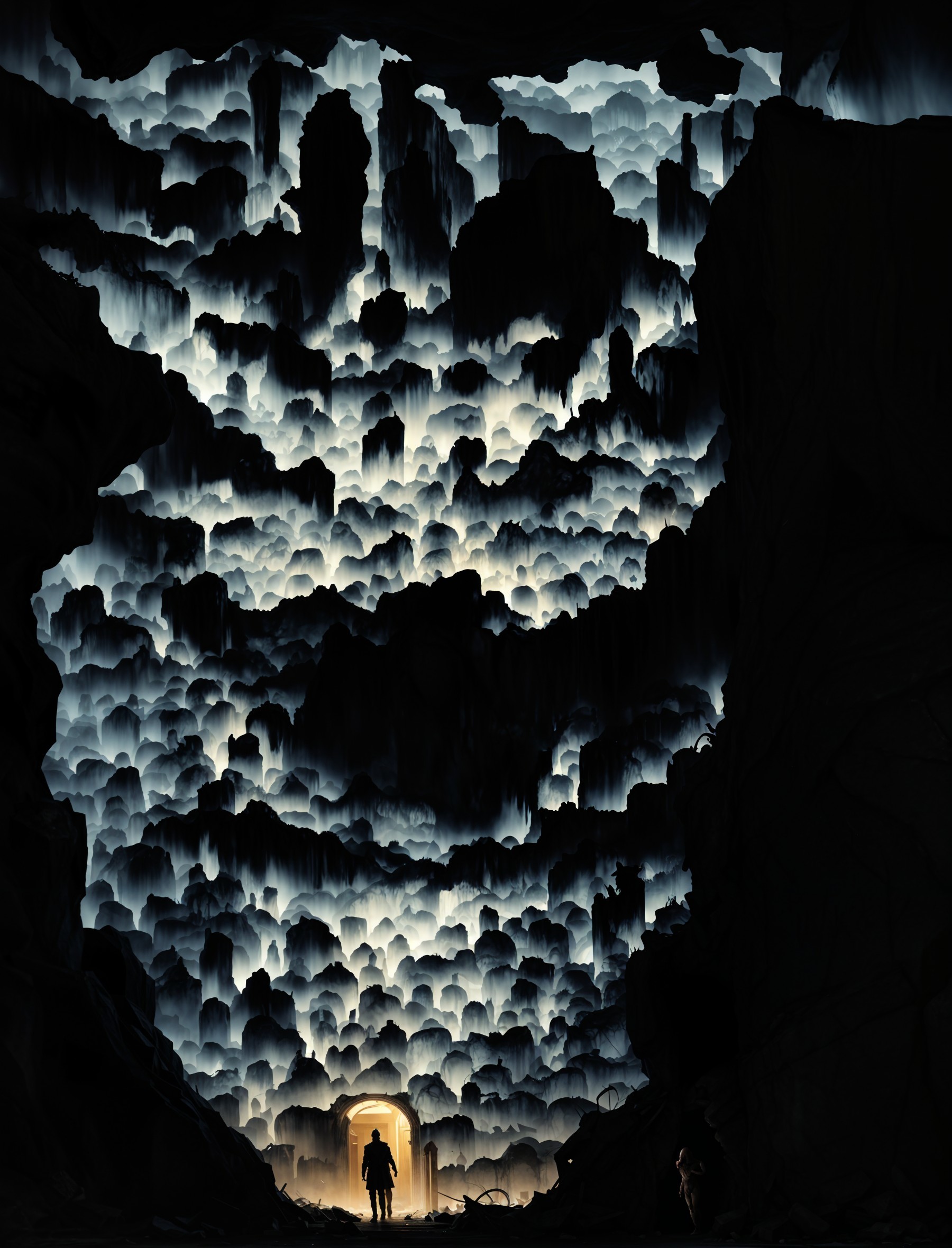 Lone Figure at Cave Entrance with Ethereal Lighting
