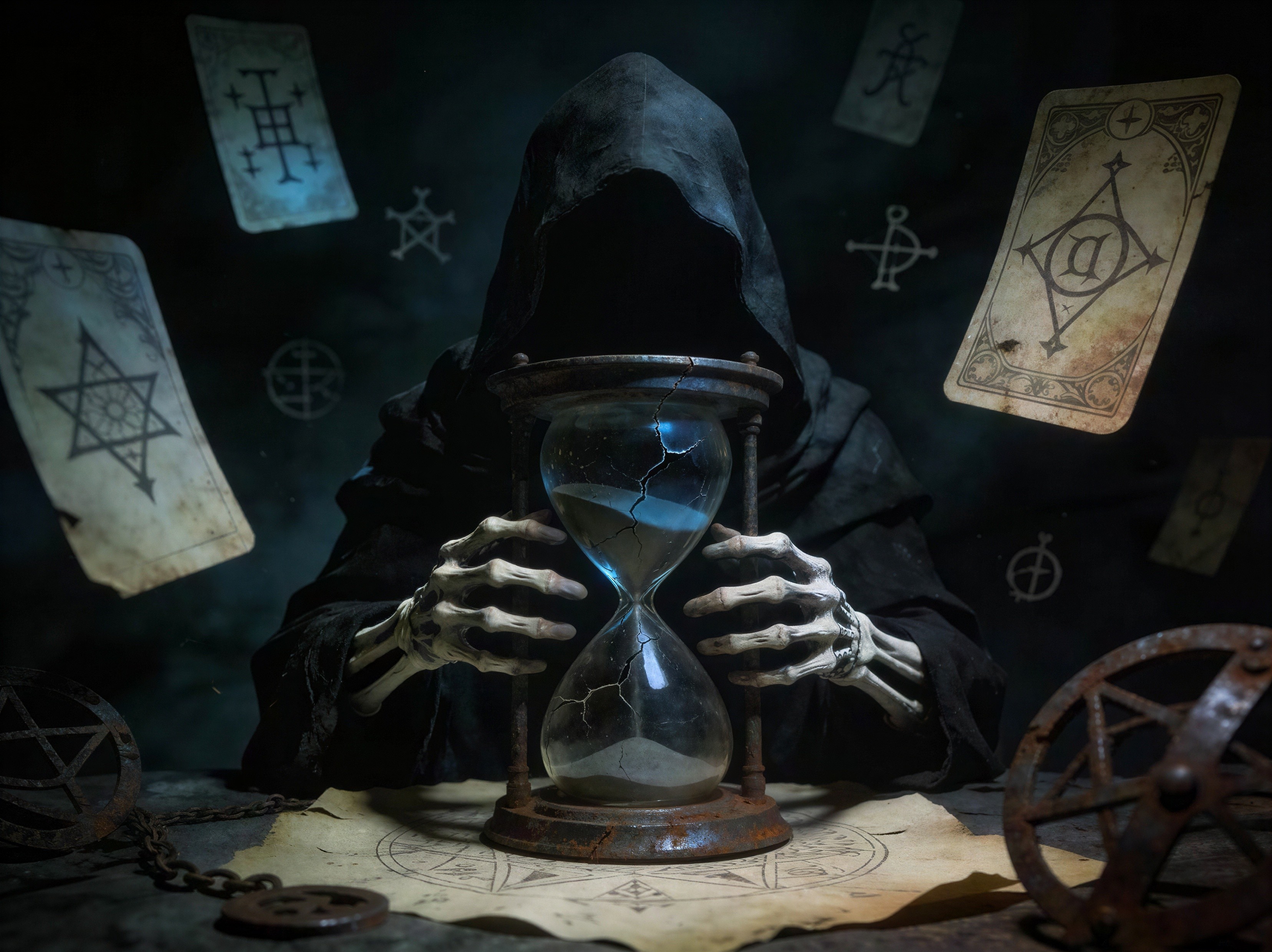 Grim Reaper with Tarot Cards and Alchemical Symbols
