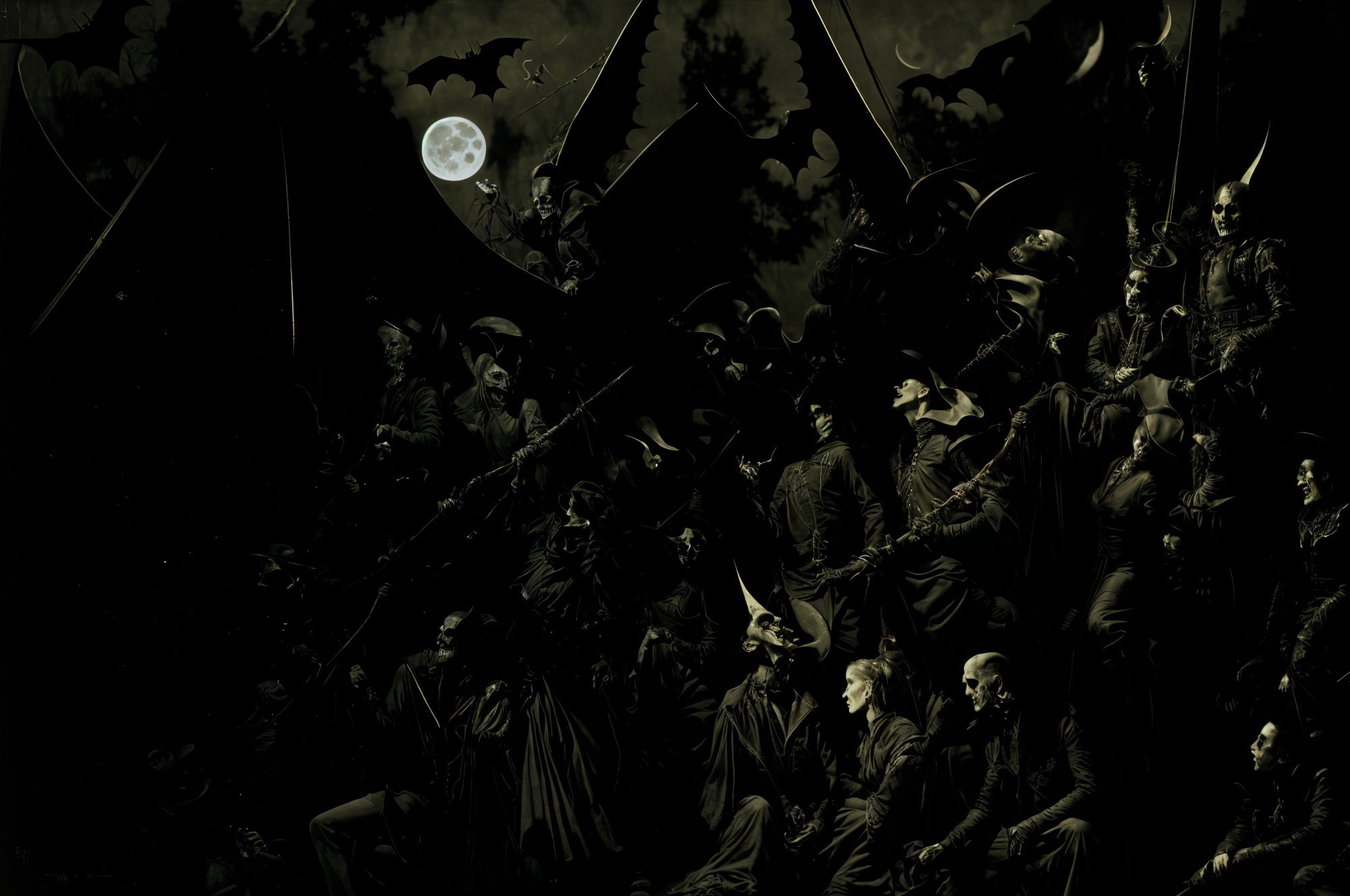 Gothic Gathering of Shadowy Figures Under Full Moon
