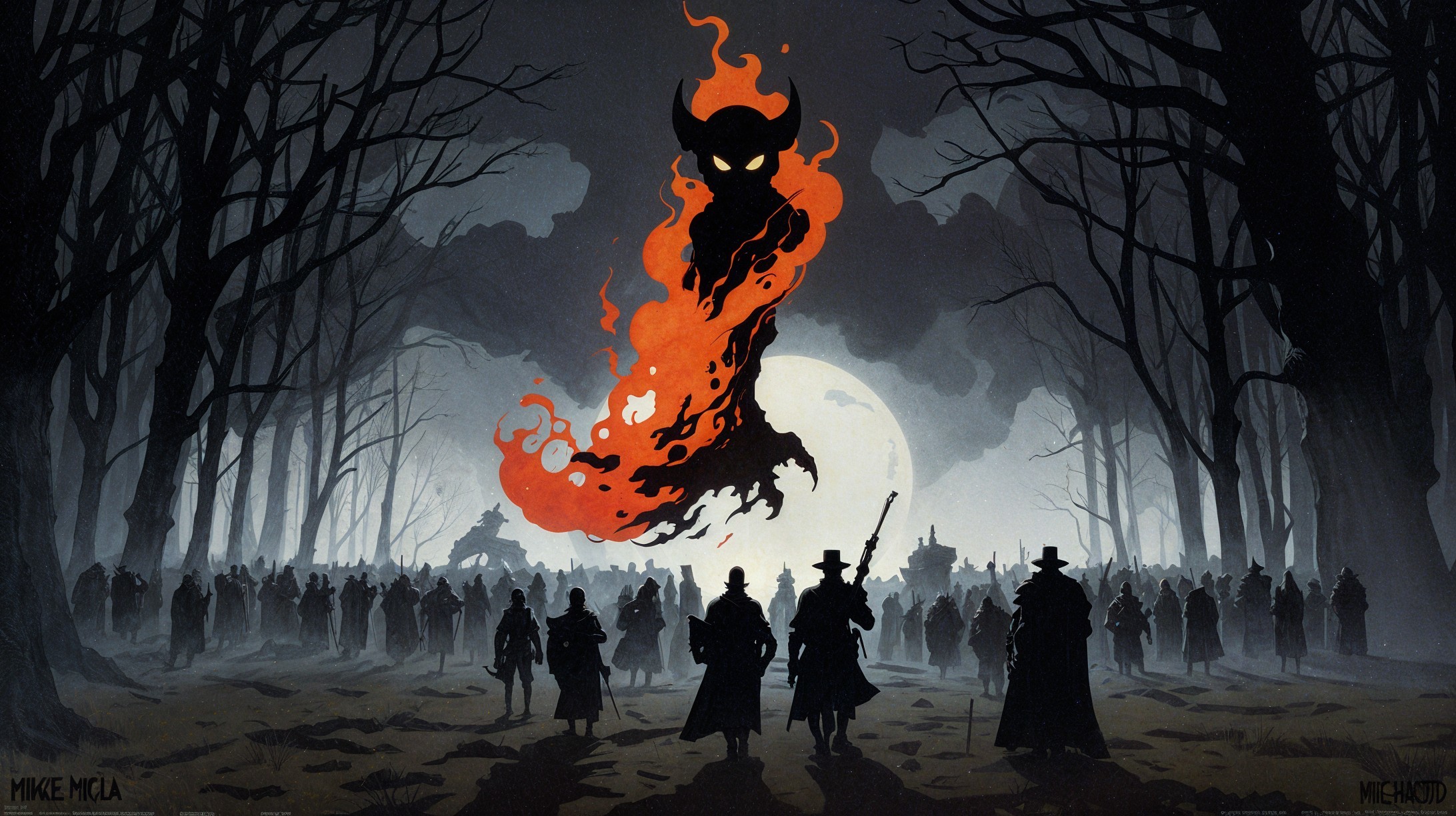 Cloaked Figures and Fiery Spirit in Dark Forest Scene
