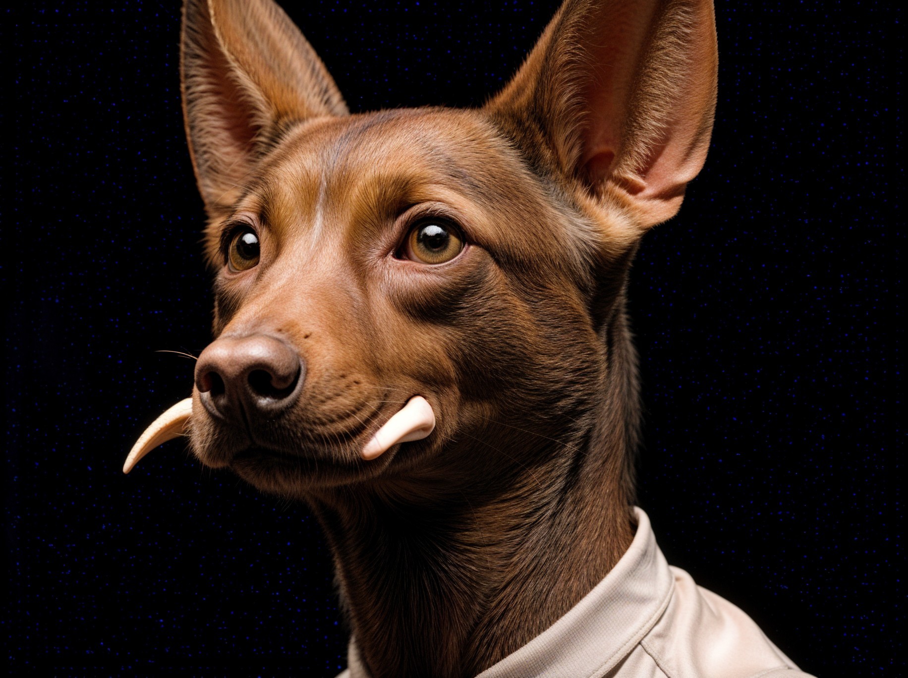 Brown Dog with Pointy Ears and Tusks in Starry Background