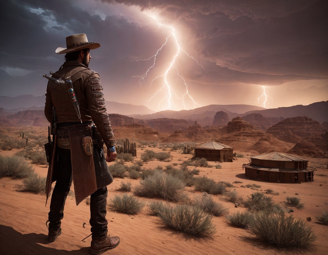 Cowboy overlooking desert landscape with cacti and lightning strikes.