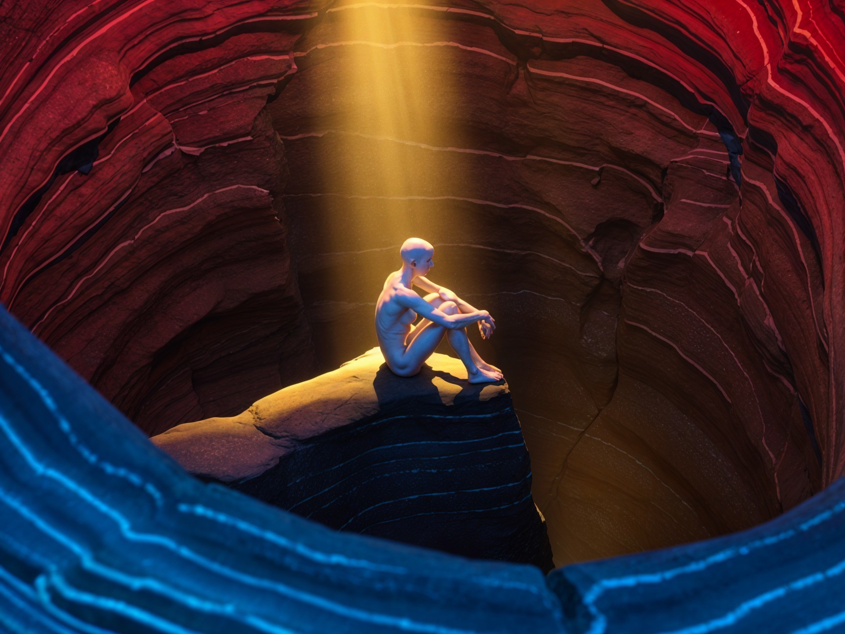 Androgynous figure in a vibrant, surreal canyon scene