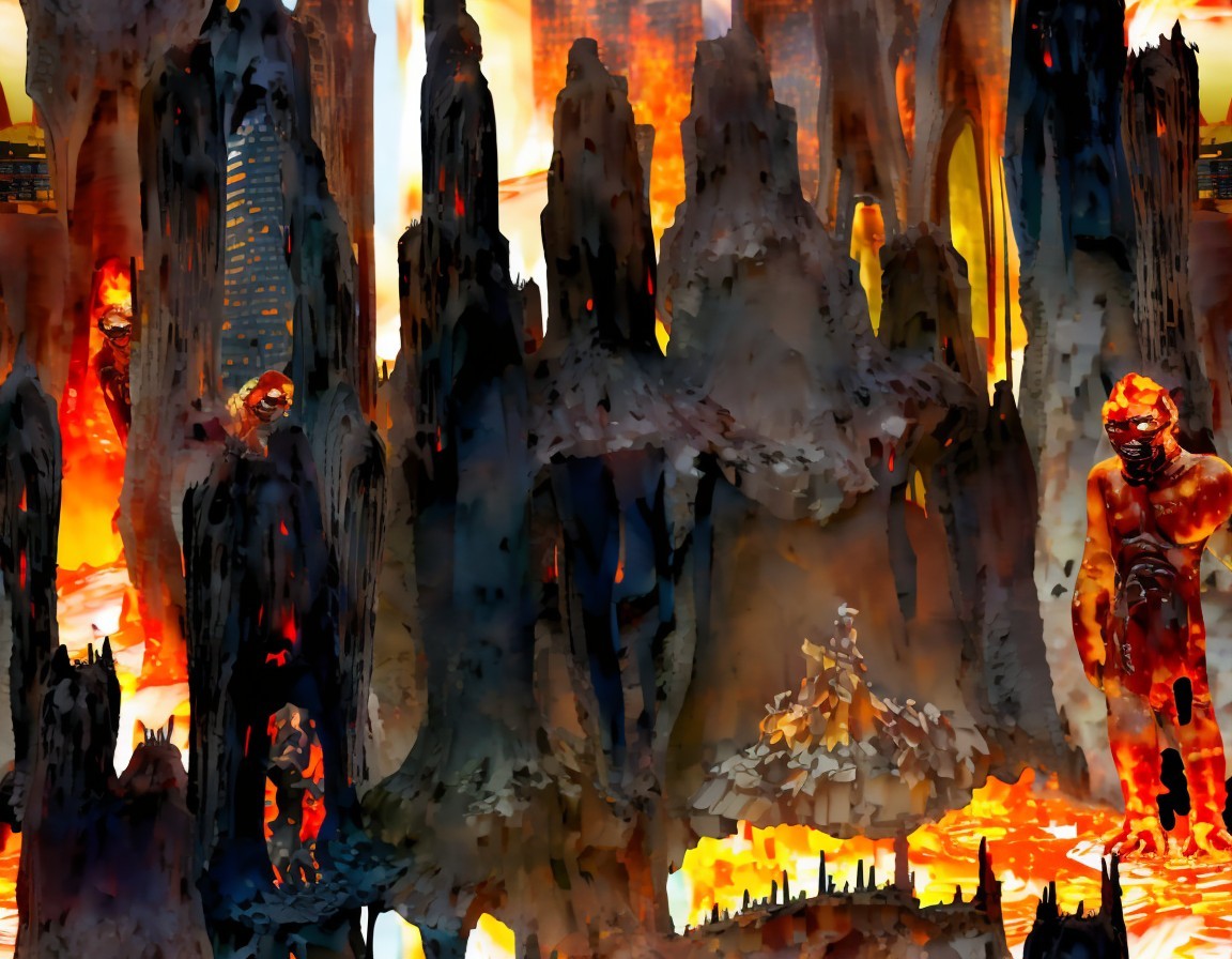 Dramatic Fiery Landscape with Jagged Rock Formations