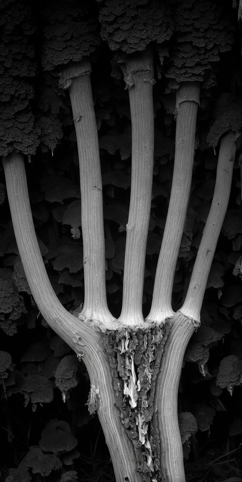Black and white photo of a pruned tree trunk