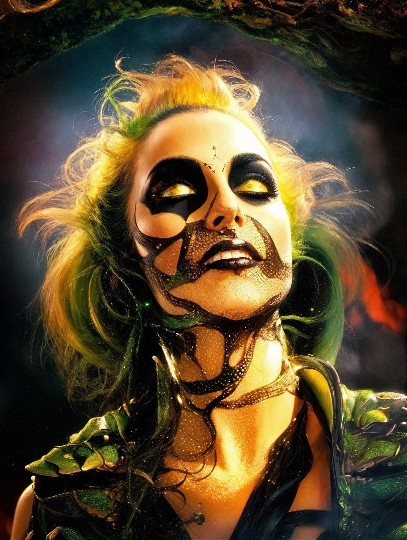 Person with Nature-Inspired Face Paint and Vibrant Hair