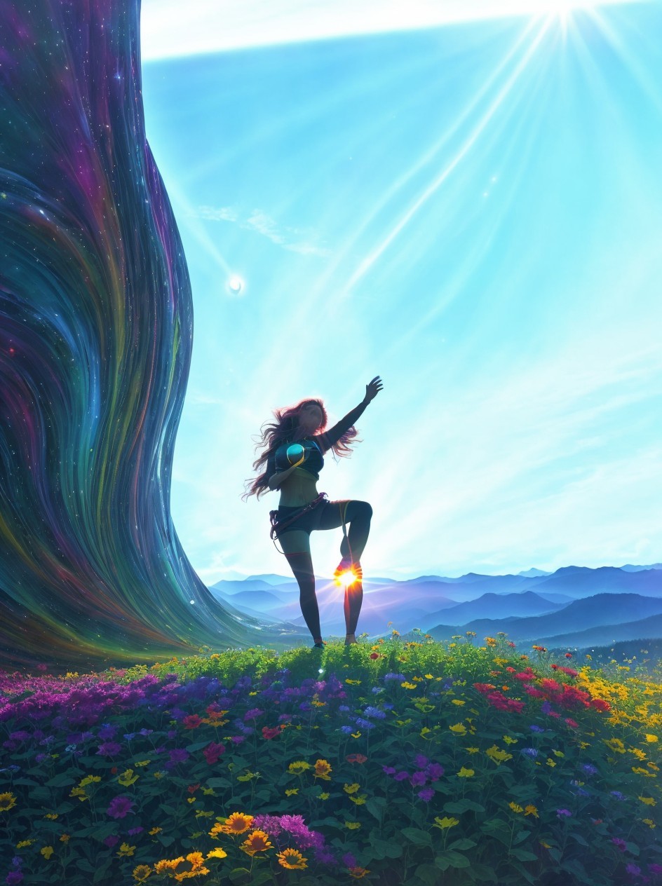 Person with flowing hair in colorful flower field under bright sun, cosmic backdrop.