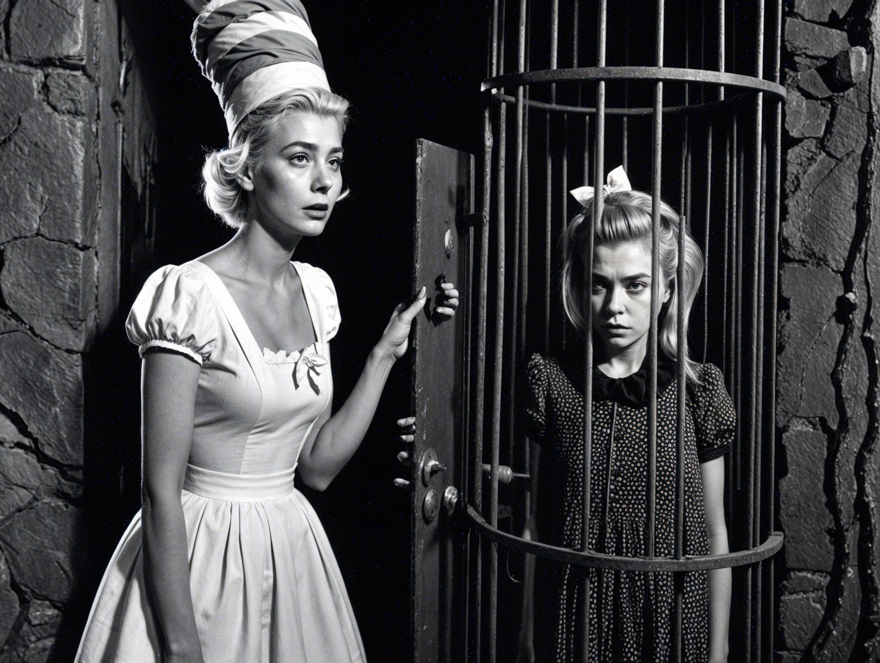 Dramatic Black-and-White Scene of Two Women in Contrast