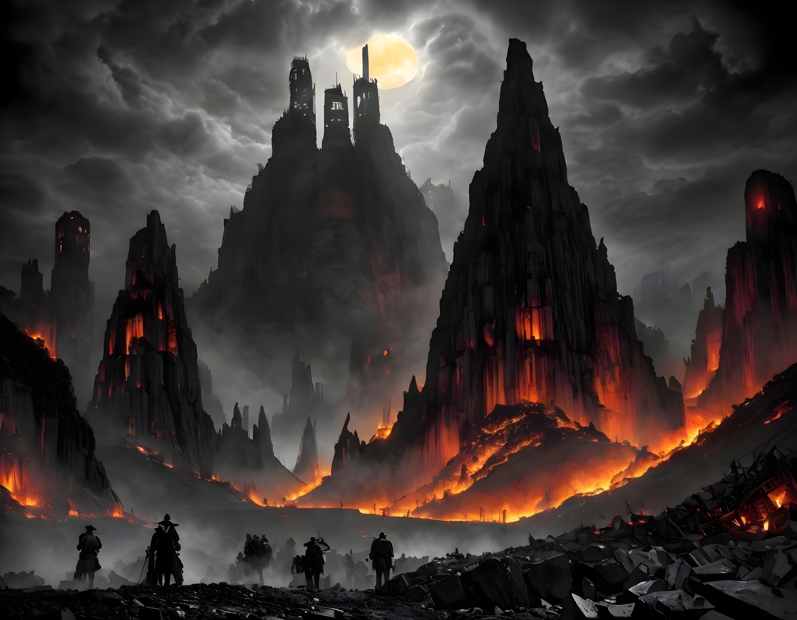 Dystopian landscape with fiery skies and dark castles