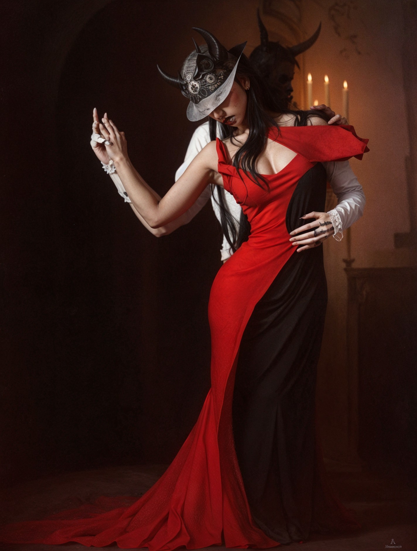 Woman in Two-Toned Gown with Ominous Figure Behind