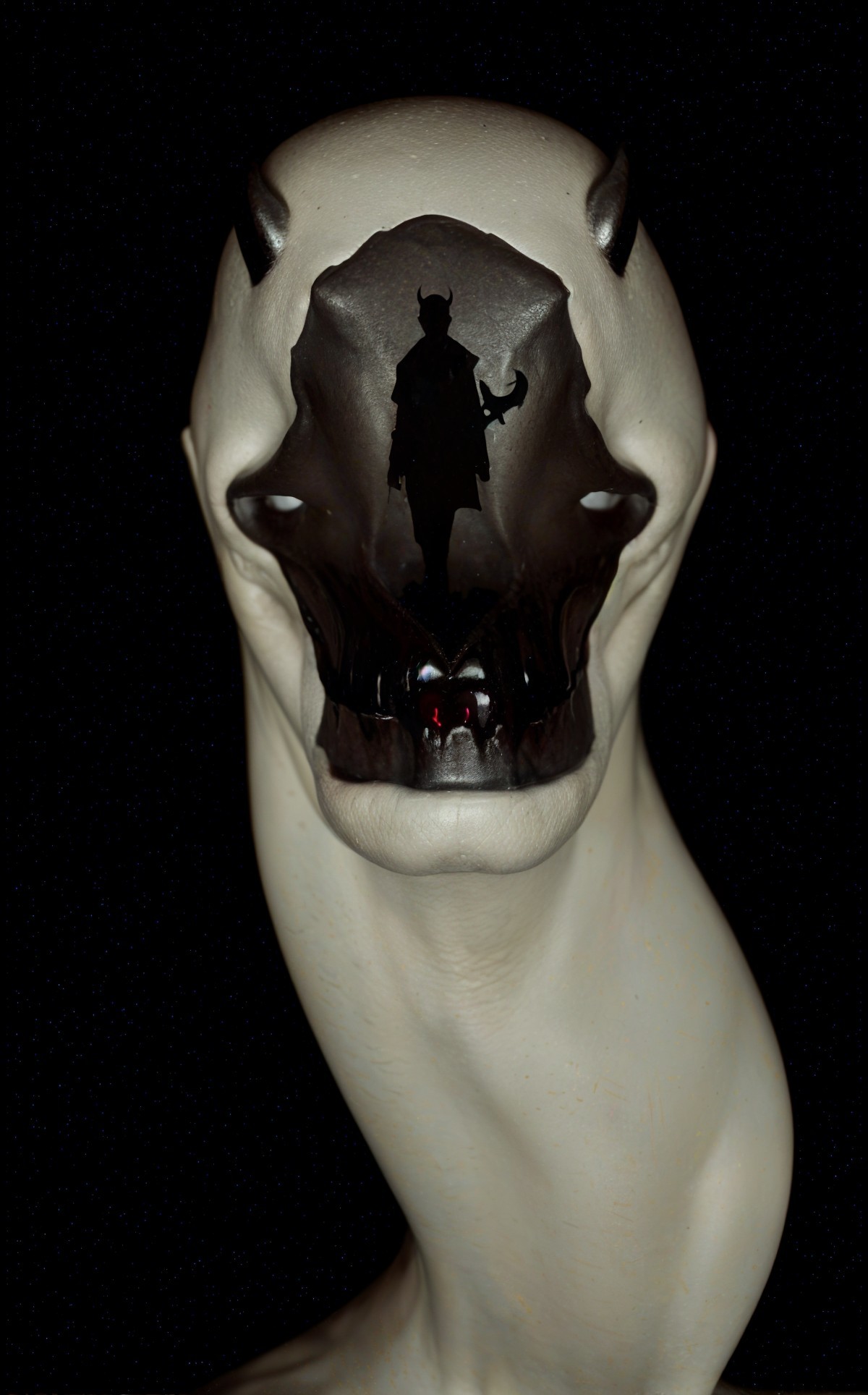 Surreal creature with elongated neck and shadowy figure