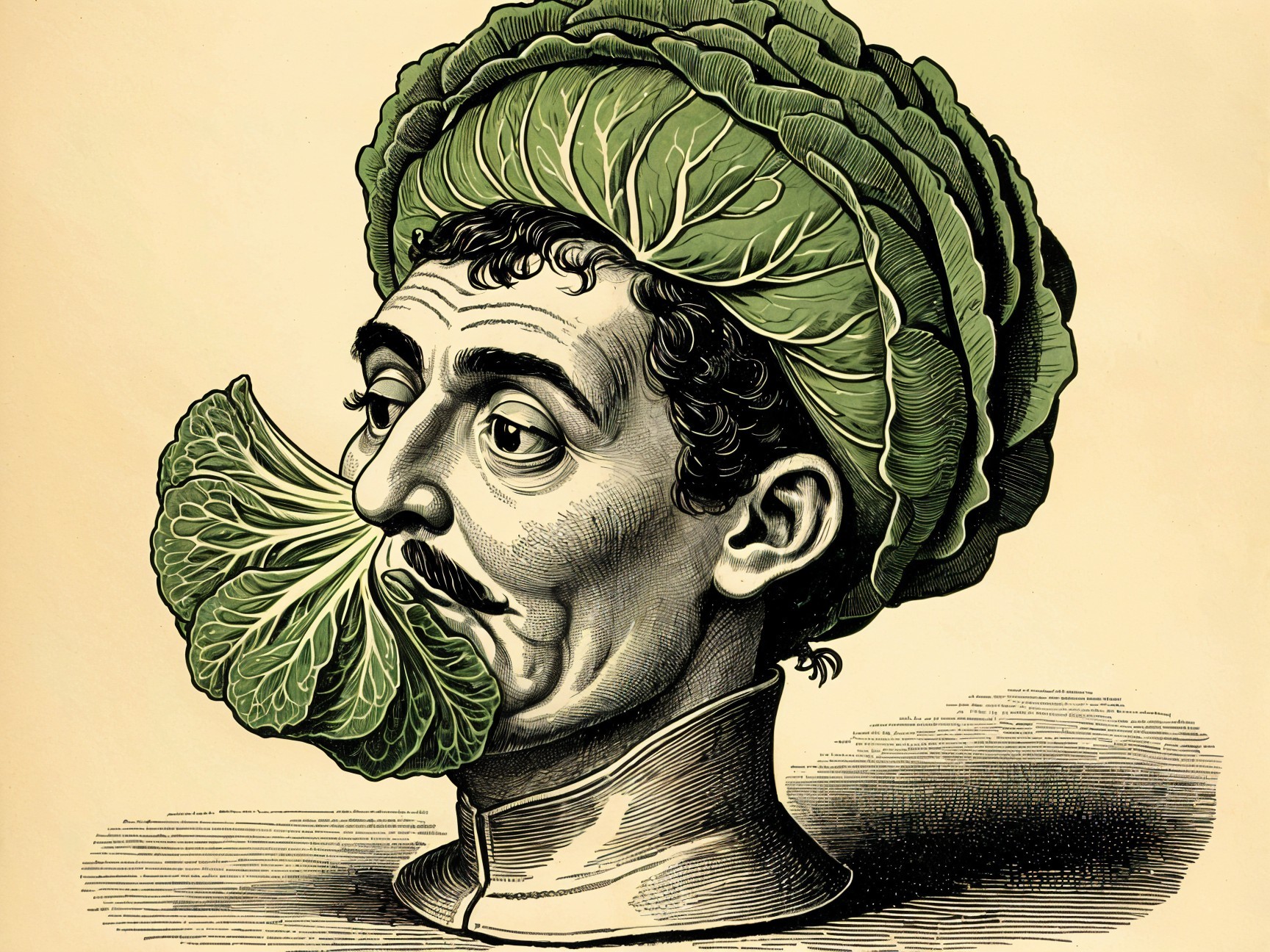 Whimsical Illustration of a Man with Cabbage Head
