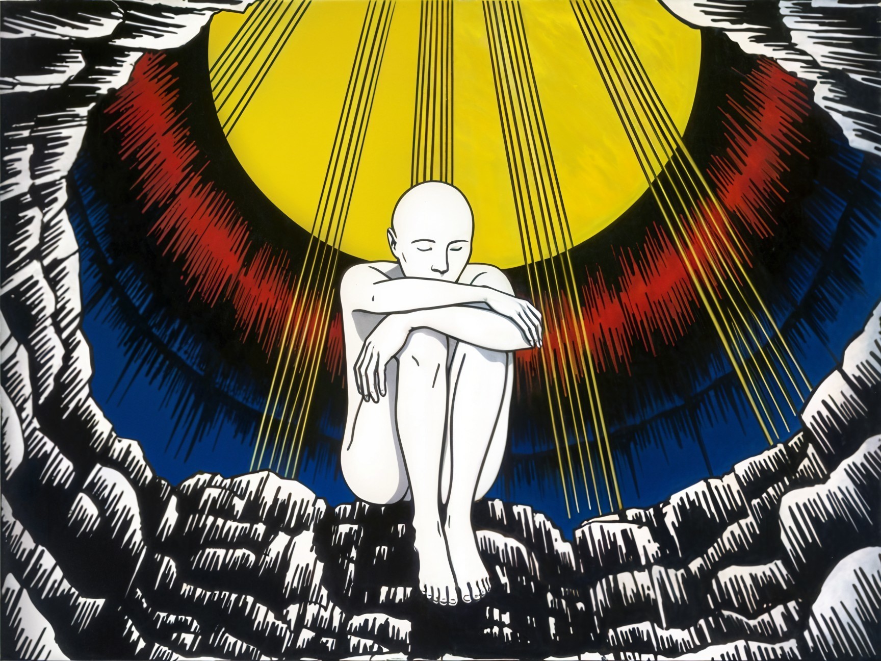 Solitary Figure Silhouetted Against Vibrant Yellow Sun