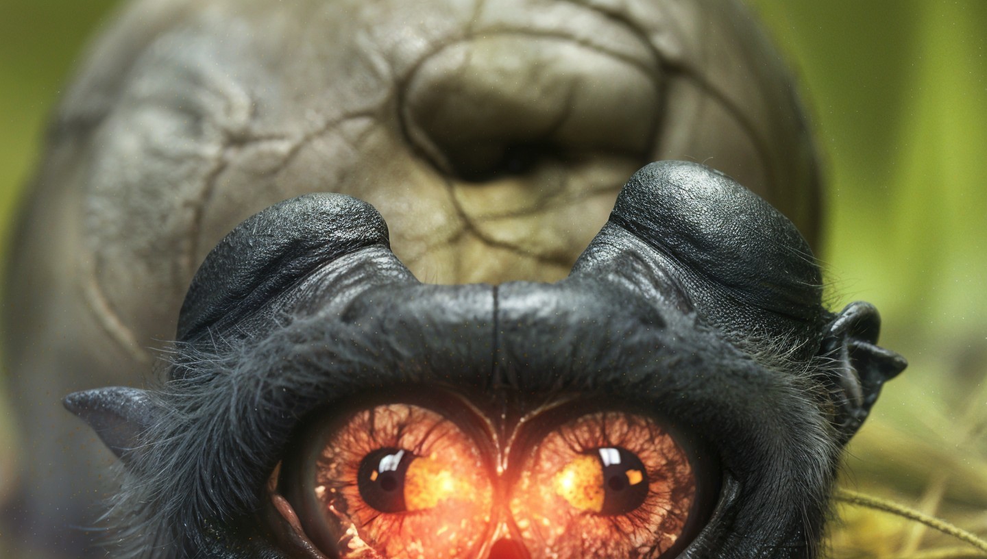 Close-up of a creature with orange eyes and dark fur