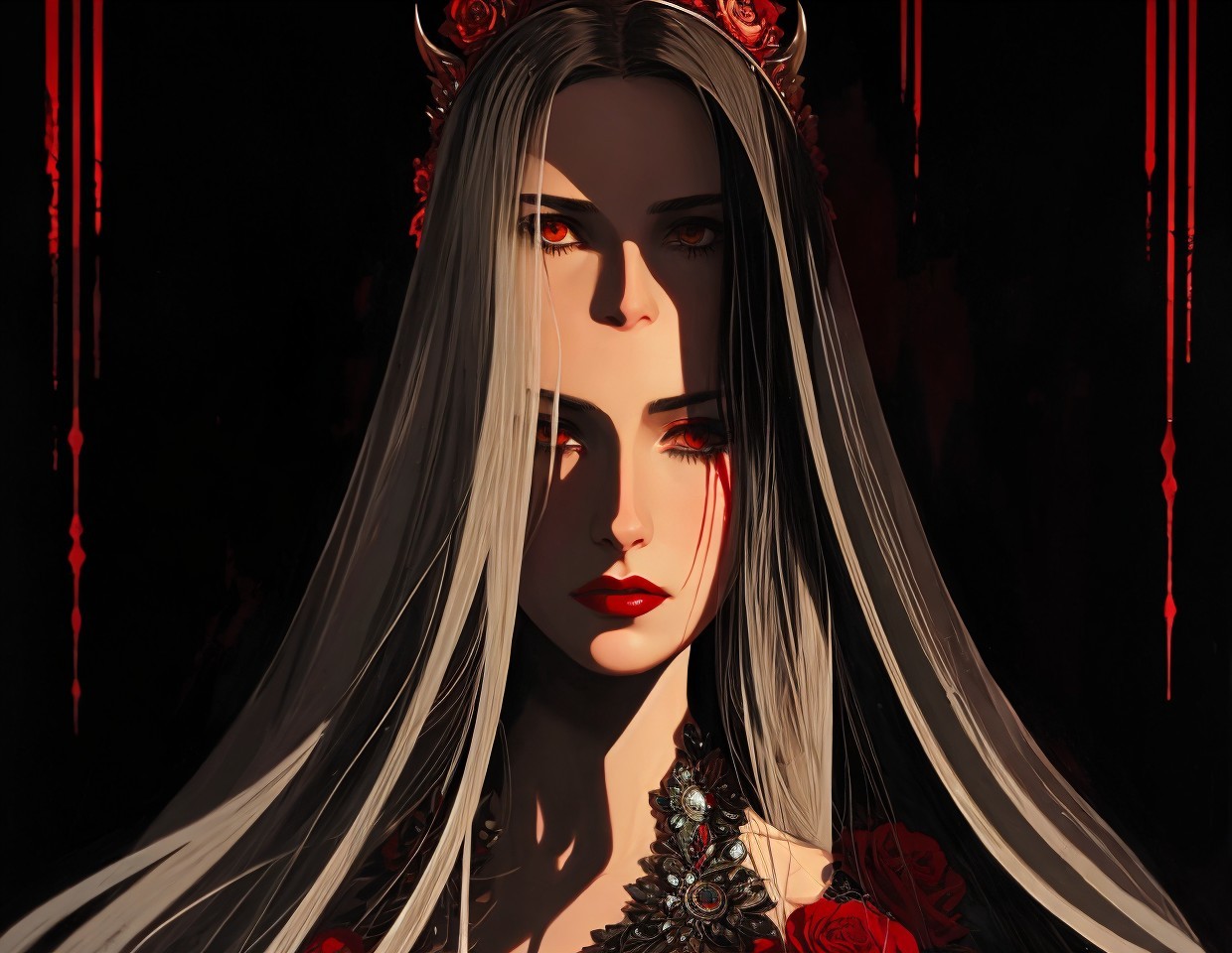 Illustration of pale woman with white hair, red eyes, red roses, and jewelry