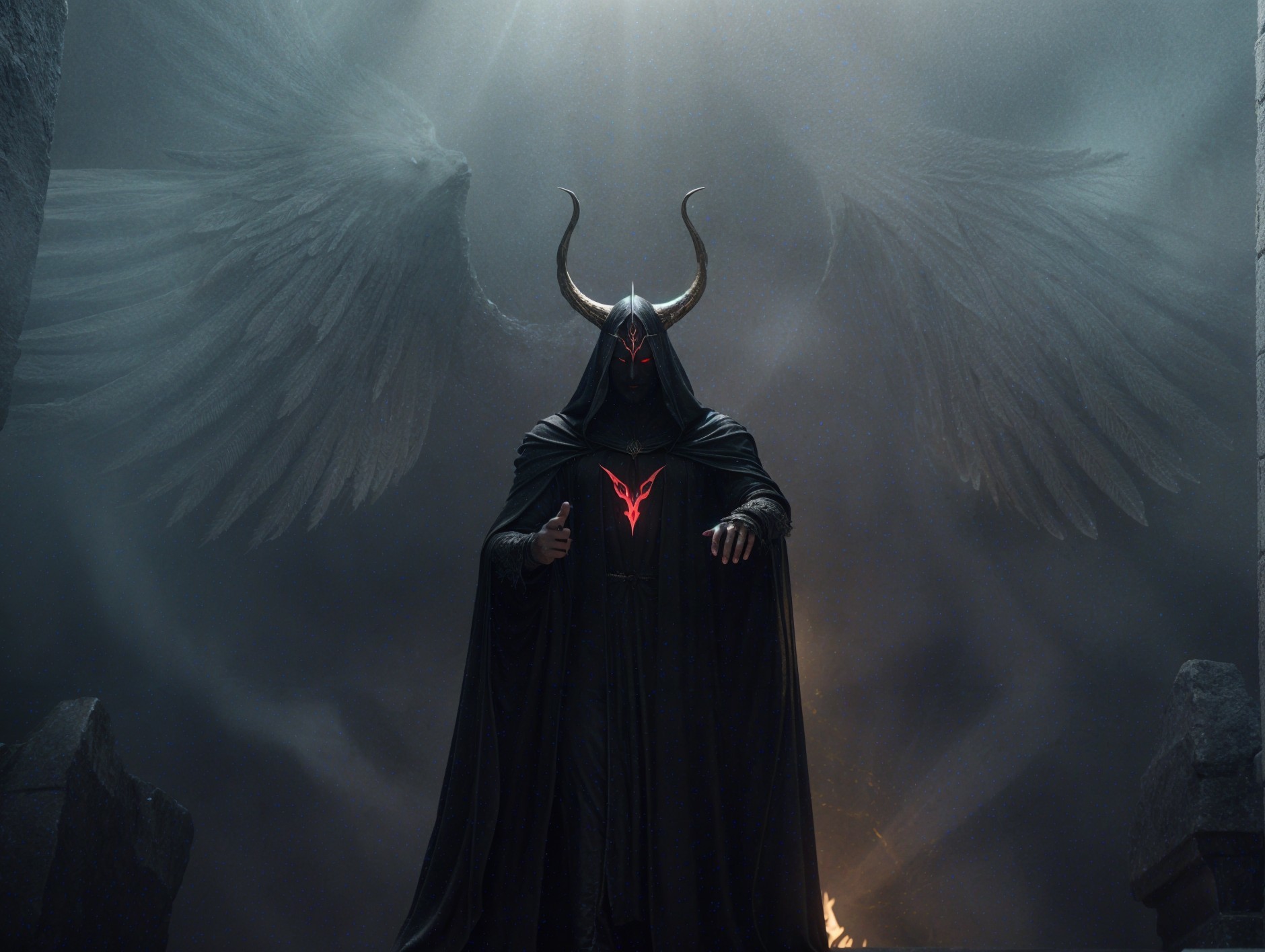 Dark Figure in Cape with Ethereal Wings and Red Eyes
