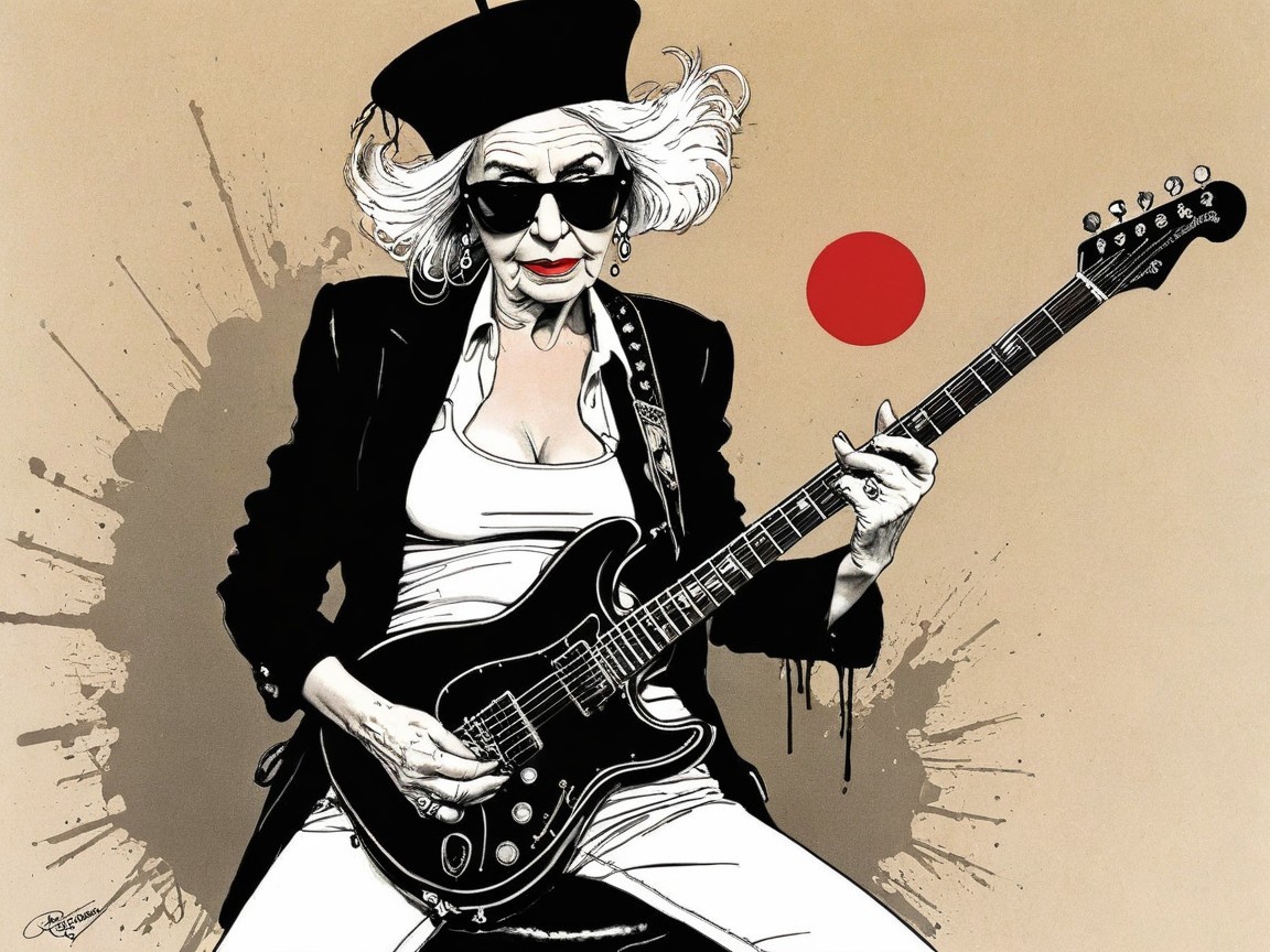 Stylish Older Woman Playing Electric Guitar with Attitude