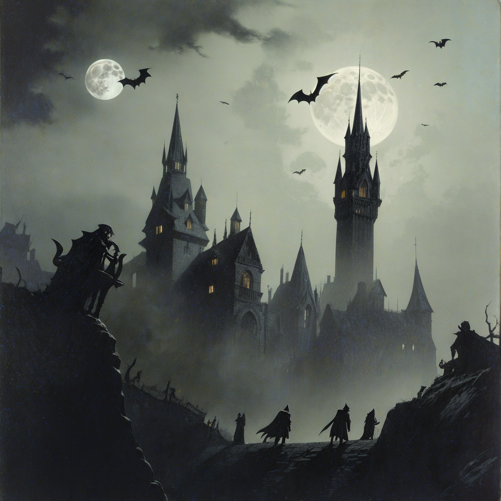 Gothic Castle in Misty Landscape Under Full Moon