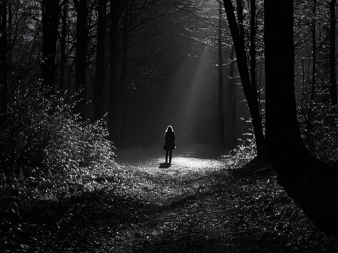 Solitary Figure in Dark Forest with Light Rays