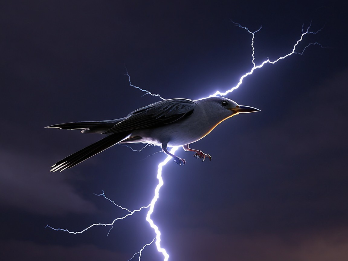 Bird in Flight Against Lightning in Night Sky