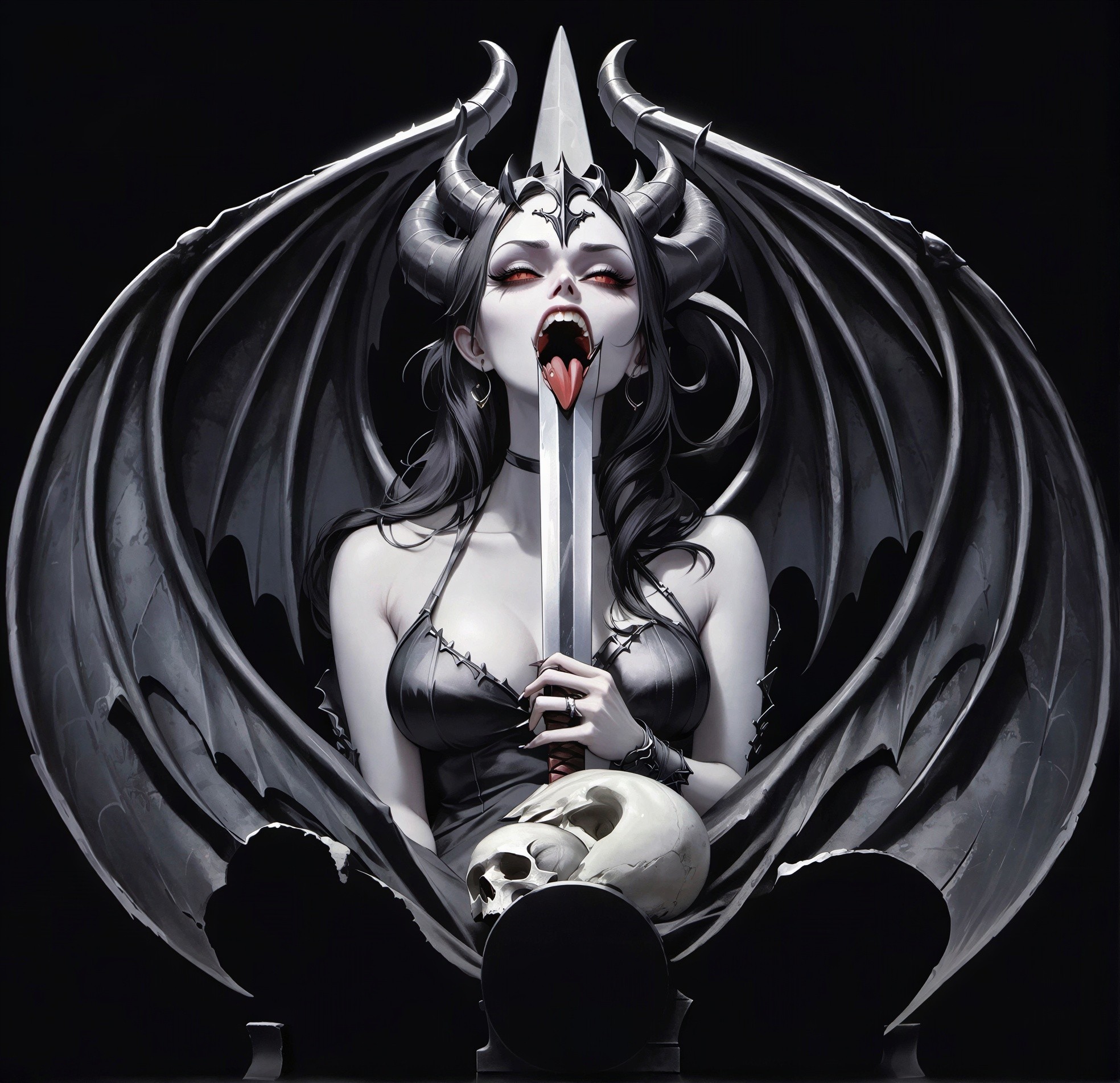 Black and White Digital Painting of a Succubus Figure