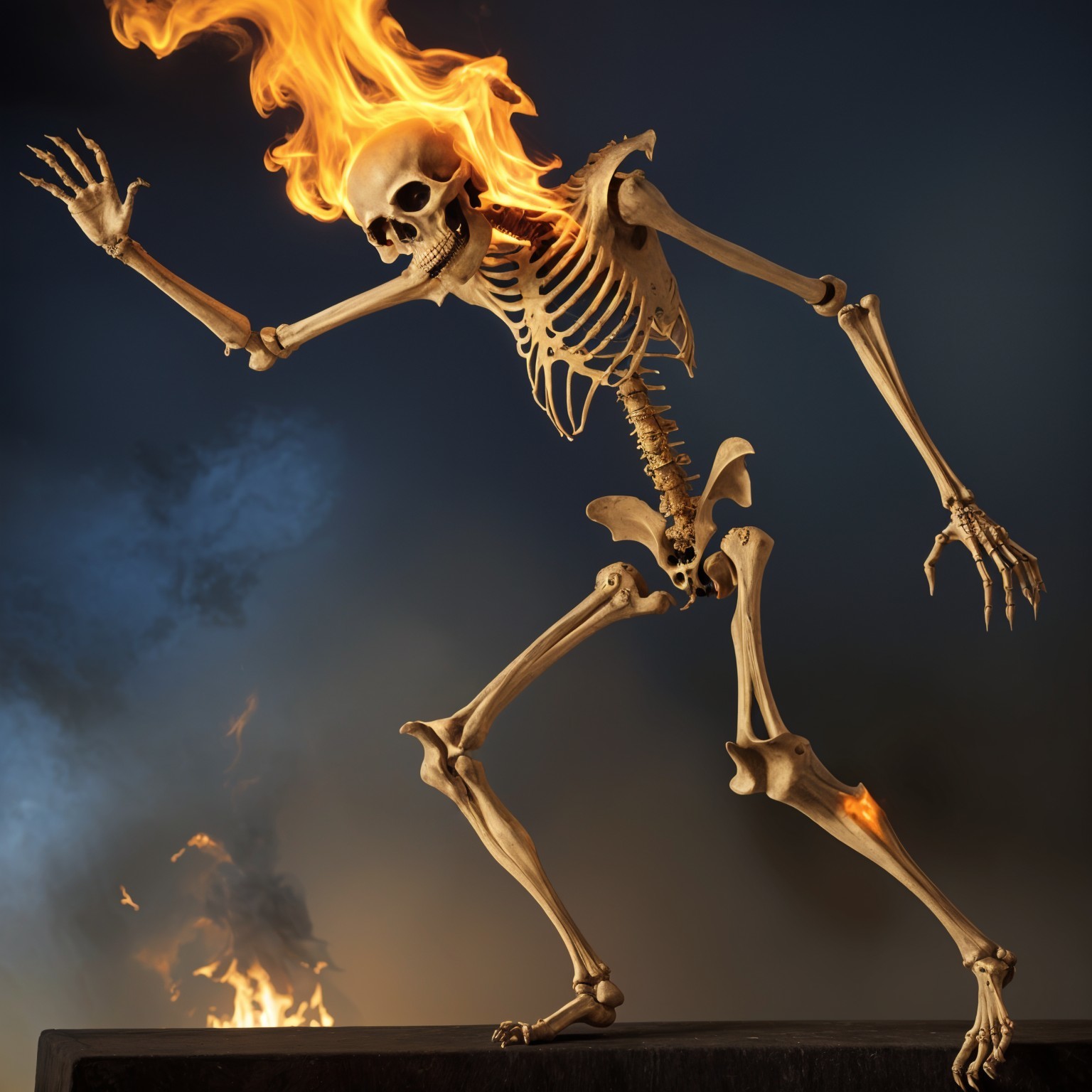 Skeleton in Fiery Dance Against Dark Background
